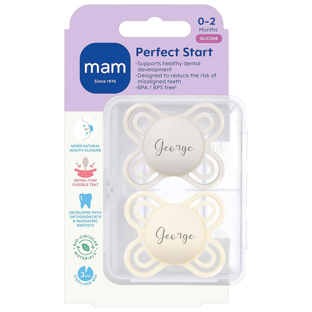 MAM Newborn Gift Set | Perfect Start 0-2m Pacifiers, Knotted Gown & Hat & Star Comforter with Pacifier Loop - Personalisable Baby Products Sold and Personalised by JustBørn