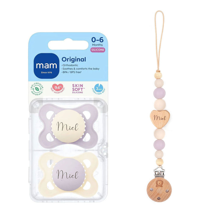 MAM Original Soother 0-6 Months & Matching Pacifier Clip Original Cream & Lilac - Personalisable Baby Products Sold and Personalised by JustBørn