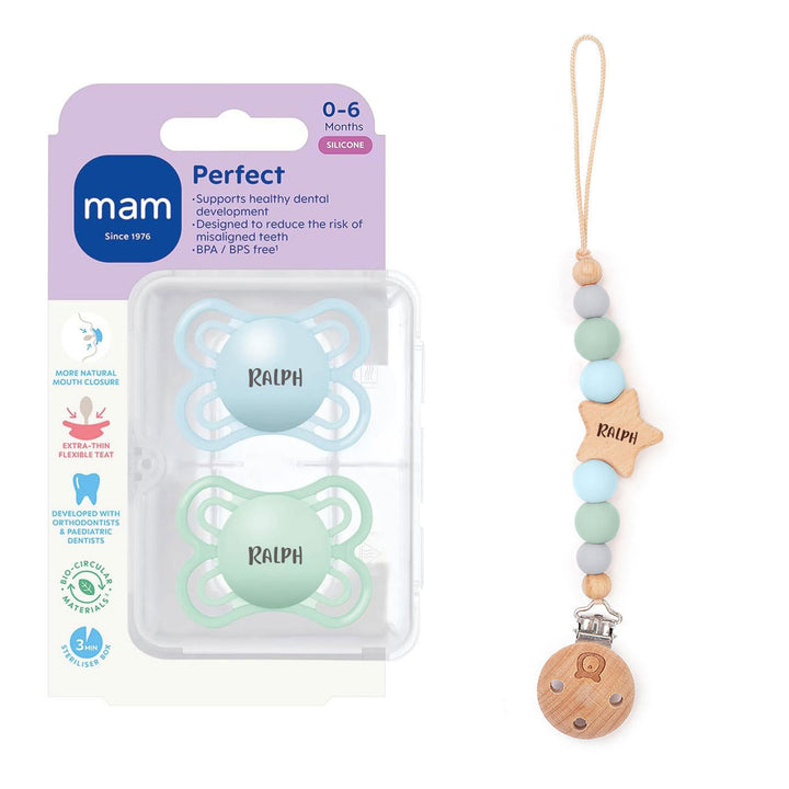 MAM Perfect Soother 0-6 Months & Matching Pacifier Clip - Personalisable Baby Products Sold and Personalised by JustBørn