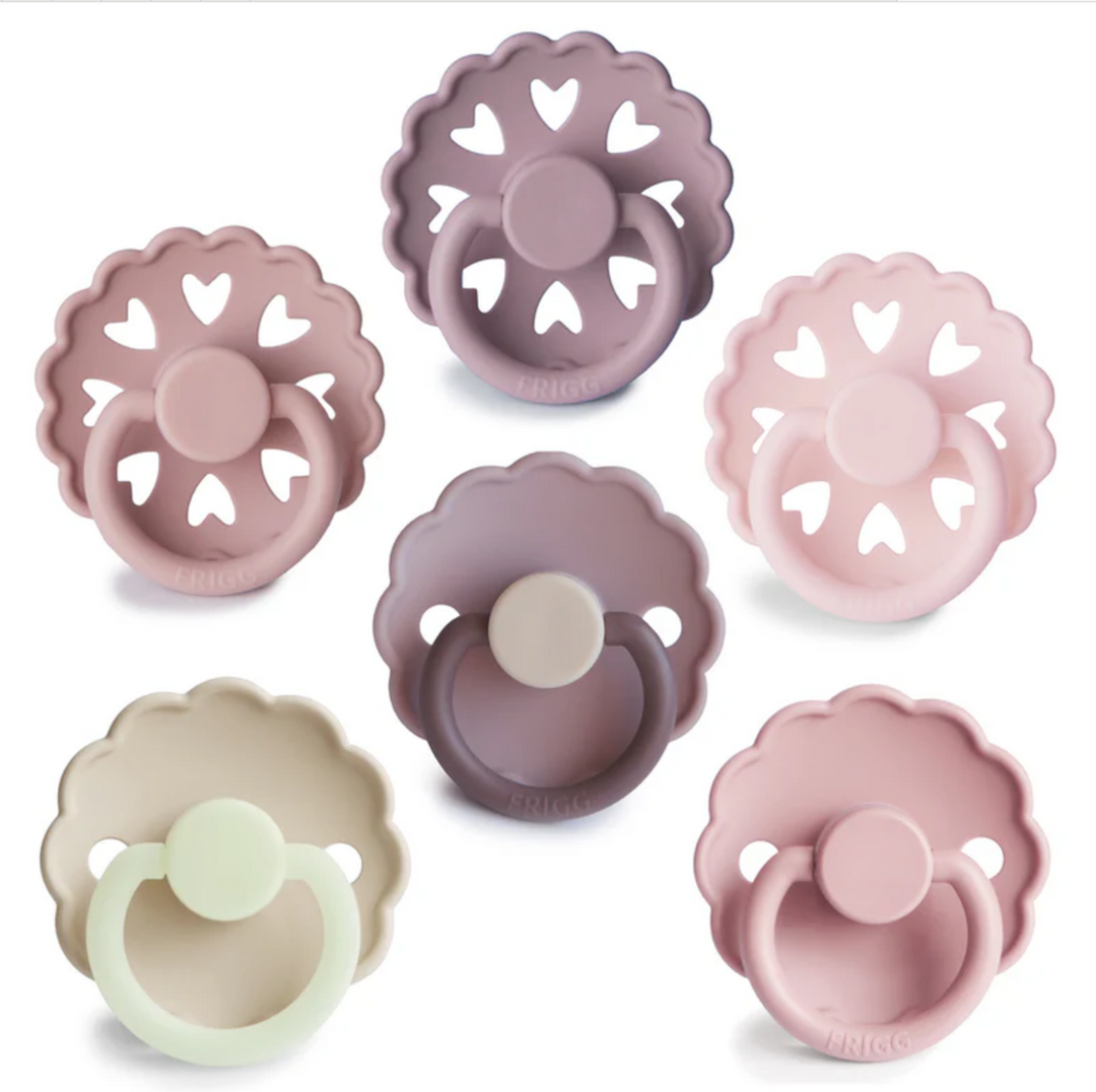 FRIGG Daisy Pack of 6 Natural Rubber Latex Pacifiers + Matching Holders - Personalisable Baby Products Sold and Personalised by JustBørn
