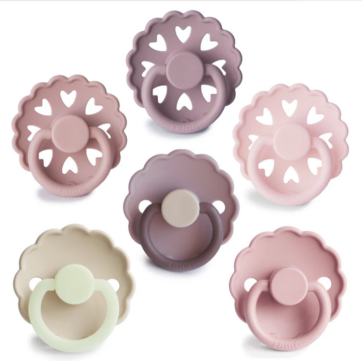 FRIGG Daisy Pack of 6 Natural Rubber Latex Pacifiers + Matching Holders - Personalisable Baby Products Sold and Personalised by JustBørn