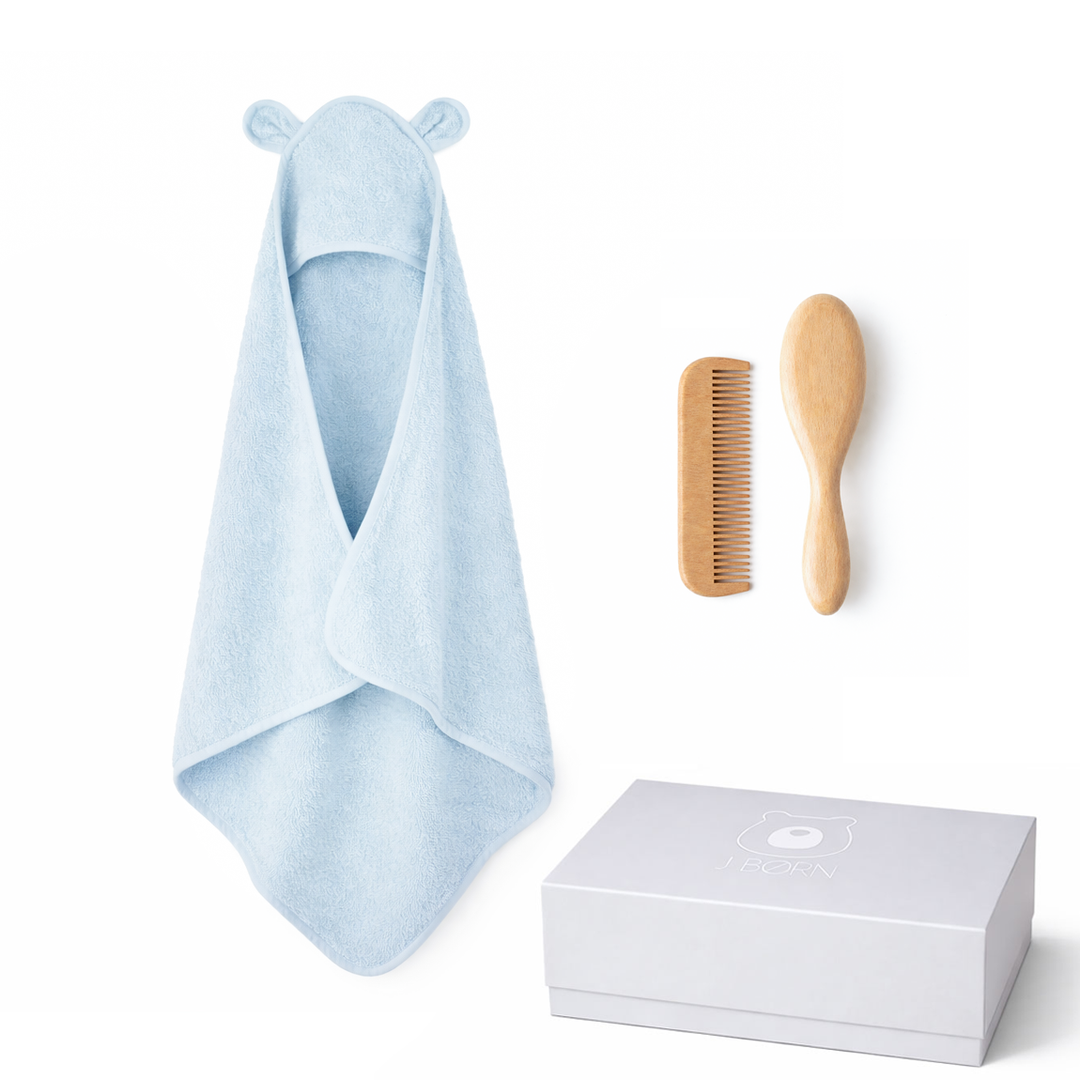 JBØRN Baby Gift Set | Organic Cotton Towel & Hair Brush Set Baby Blue Towel & Hairbrush Gift Set - Personalisable Baby Products Sold and Personalised by JustBørn