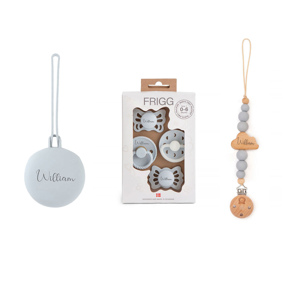 FRIGG Trial Collection Pacifiers & Personalised Holders Set Powder Blue No Gift Box - Personalisable Baby Products Sold and Personalised by JustBørn