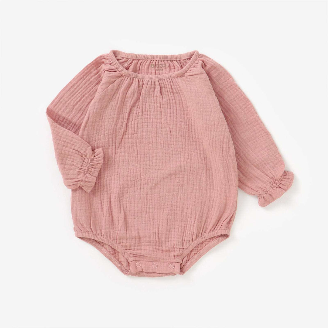 JBØRN Organic Cotton Muslin Long Sleeve Bodysuit Powder Blush - Personalisable Baby Products Sold and Personalised by JustBørn
