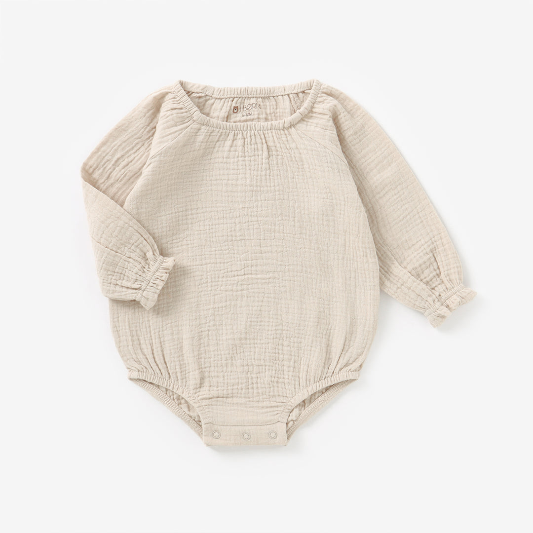 JBØRN Organic Cotton Muslin Long Sleeve Bodysuit Vanilla - Personalisable Baby Products Sold and Personalised by JustBørn
