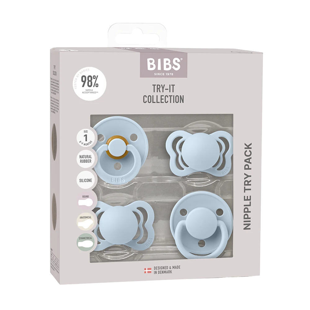BIBS Try-It Collection - Try 4 Different Pacifiers Pack Baby Blue - Personalisable Baby Products Sold and Personalised by JustBørn