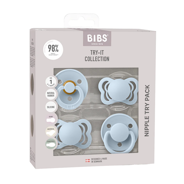 BIBS Try-It Collection - Try 4 Different Pacifiers Pack Baby Blue - Personalisable Baby Products Sold and Personalised by JustBørn