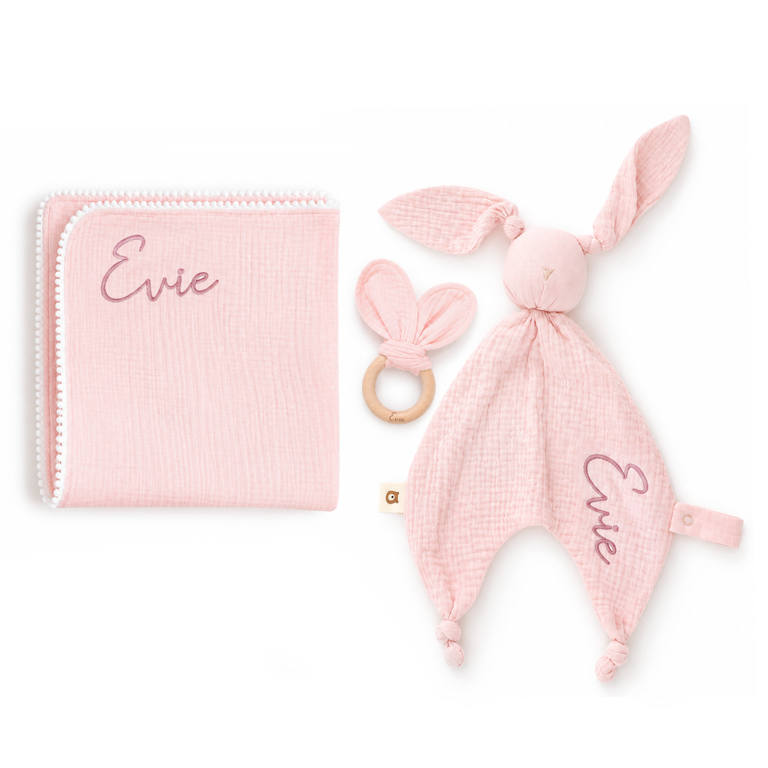 JBØRN Muslin Blanket, Comforter & Teether Set | Organic Cotton Baby Swaddle - Personalisable Baby Products Sold and Personalised by JustBørn