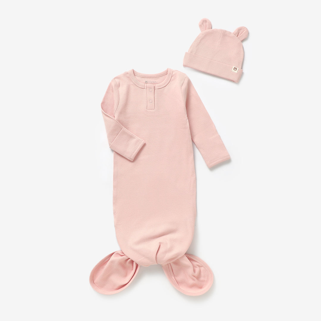 JBØRN Organic Cotton Knotted Baby Sleeping Gown & Hat Blush - Personalisable Baby Products Sold and Personalised by JustBørn