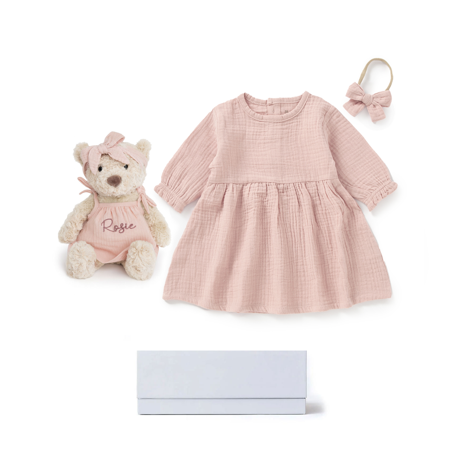 JBØRN Personalised Teddy & Matching Baby Dress | New Baby Girl Gift Set Blush Muslin Dress Set - Personalisable Baby Products Sold and Personalised by JustBørn