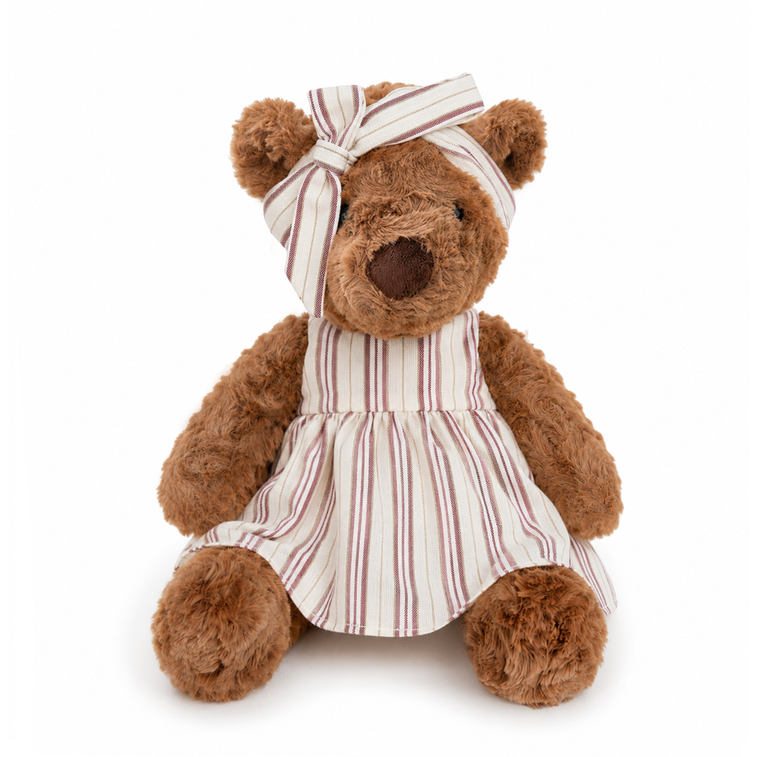 JBØRN Brown Teddy Bear Soft Toy with Personalised Outfit Brown Teddy in Striped Dress - Personalisable Baby Products Sold and Personalised by JustBørn