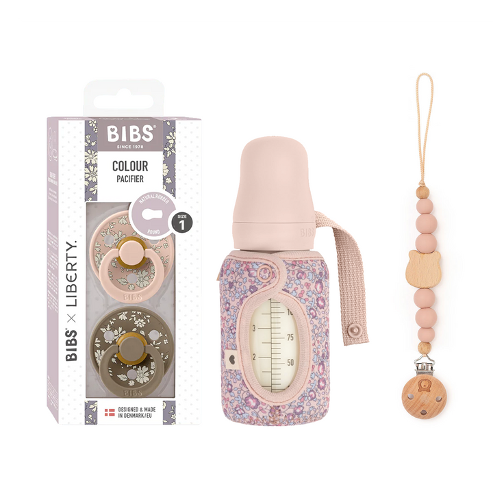 JBØRN x BIBS Liberty Collection Set | Baby Glass Bottle, Matching Pacifiers & Clip