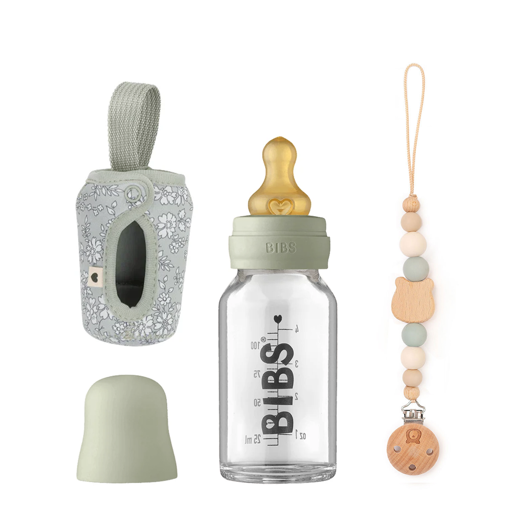 JBØRN x BIBS Liberty Collection Set | Baby Glass Bottle, Matching Pacifiers & Clip