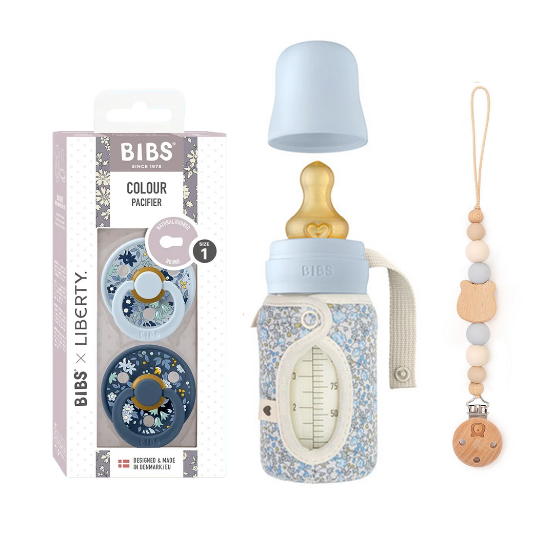 JBØRN x BIBS Liberty Collection Set | Baby Glass Bottle, Matching Pacifiers & Clip
