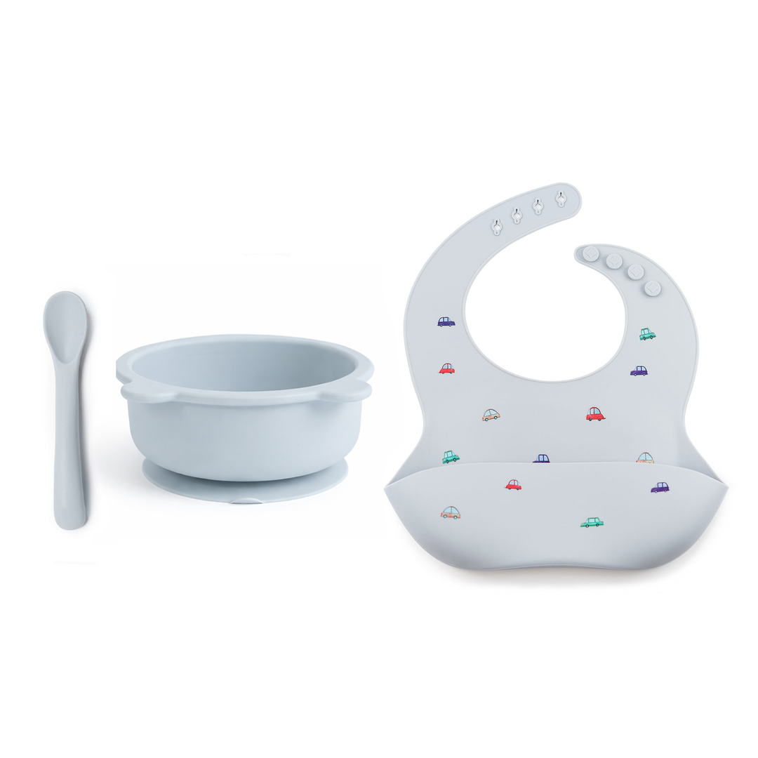 JBØRN Baby Weaning Basic Gift Box Powder Blue Cars - Personalisable Baby Products Sold and Personalised by JustBørn