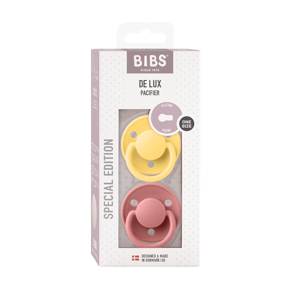 BIBS De Lux Silicone Pacifiers | One Size De Lux | 2 Pack Pale Butter Dusty Pink - Personalisable Baby Products Sold and Personalised by JustBørn
