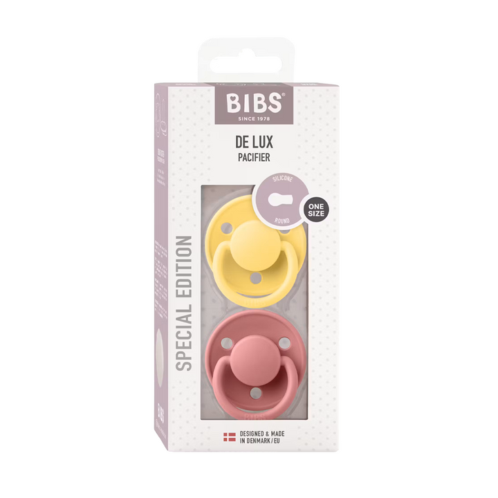 BIBS De Lux Silicone Pacifiers | One Size De Lux | 2 Pack Pale Butter Dusty Pink - Personalisable Baby Products Sold and Personalised by JustBørn