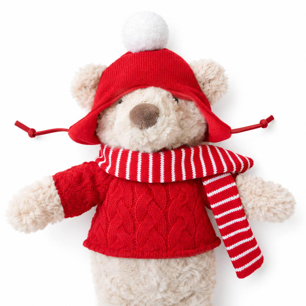 JBØRN Christmas Teddy Bear Soft Toy with Personalised Festive Outfit Festive Bear | Beige - Personalisable Baby Products Sold and Personalised by JustBørn