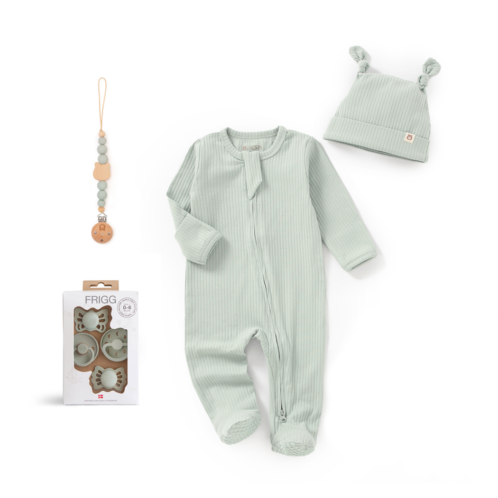 JBØRN x FRIGG Baby Gift Set | Organic Cotton Sleepsuit, First Pacifiers & Matching Clip First Pacifiers & Matching Sleepsuit Set | Sage - Personalisable Baby Products Sold and Personalised by JustBørn