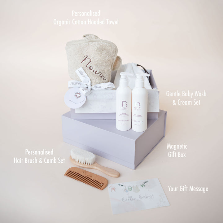 JBØRN Baby Bath Gift Set | Towel, Brush Set & Skincare - Personalisable Baby Products Sold and Personalised by JustBørn