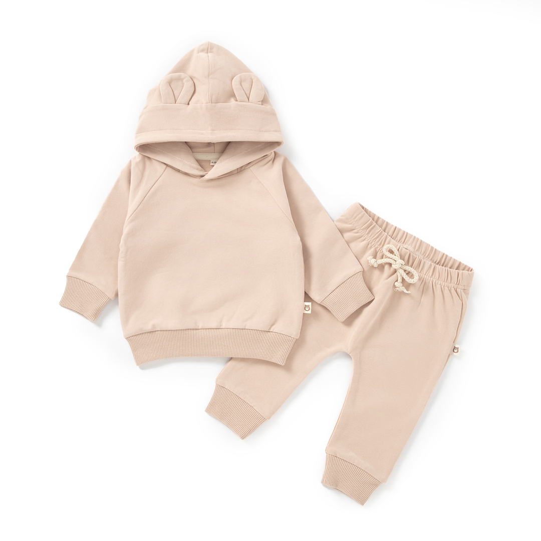 JBØRN Organic Cotton Baby Teddy Ears Hoodie & Joggers Set Hoodie & Jogger Set | Peach Cream - Personalisable Baby Products Sold and Personalised by JustBørn