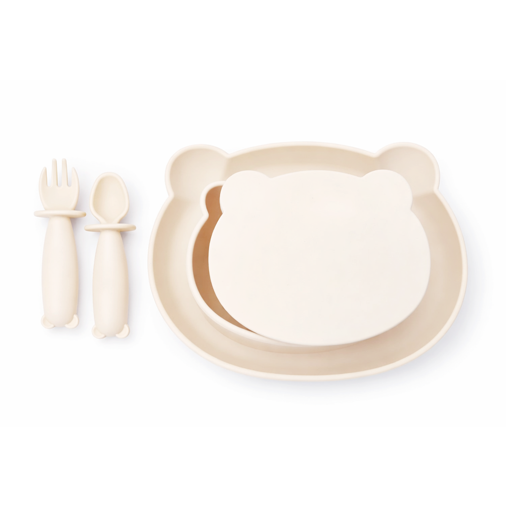 JBØRN 4-Piece Silicone Weaning Set | Suction Bowl with Lid, Plate & Cutlery Ivory - Personalisable Baby Products Sold and Personalised by JustBørn