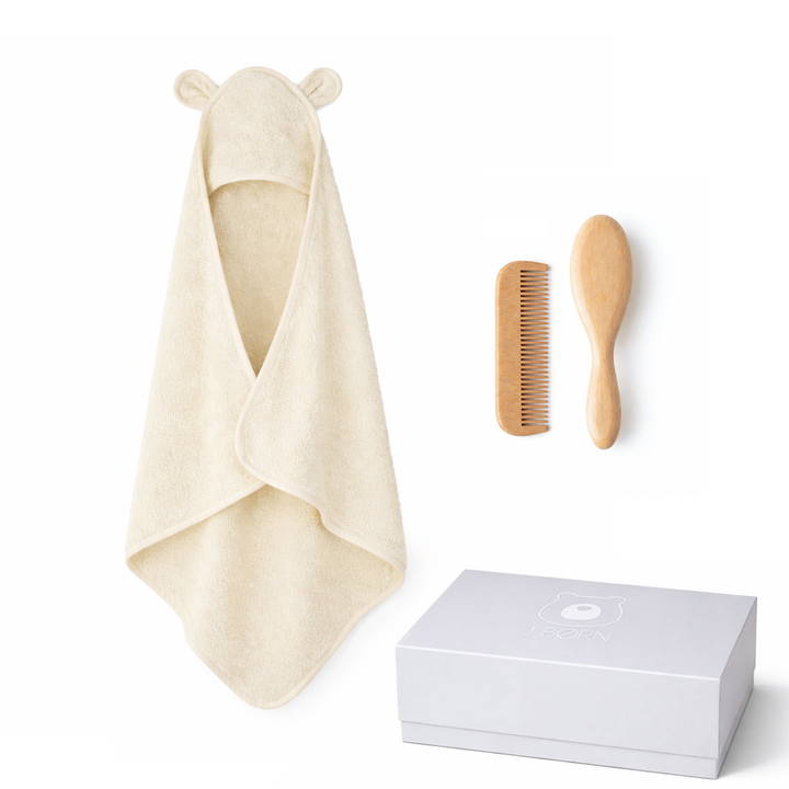 JBØRN Baby Gift Set | Organic Cotton Towel & Hair Brush Set Ivory Towel & Hairbrush Gift Set - Personalisable Baby Products Sold and Personalised by JustBørn