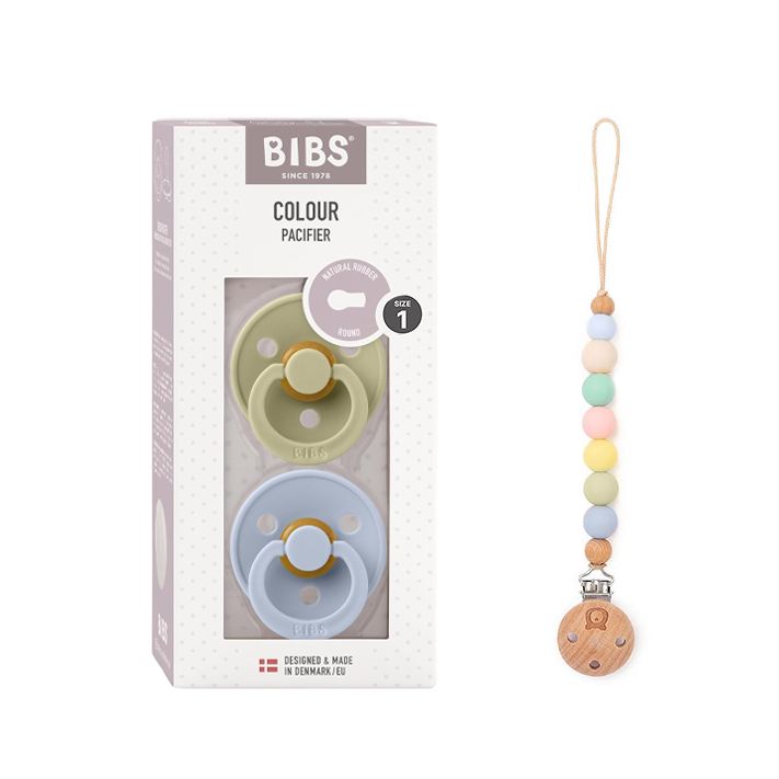 Pack of 2 BIBS Colour Latex Pacifiers & Rainbow Pacifier Clip | Size 1 & 2 Khaki Dusty Blue & Rainbow Clip - Personalisable Baby Products Sold and Personalised by JustBørn