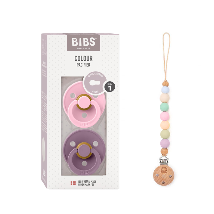 Pack of 2 BIBS Colour Latex Pacifiers & Rainbow Pacifier Clip | Size 1 & 2 Lavender Baby Pink & Rainbow Clip - Personalisable Baby Products Sold and Personalised by JustBørn