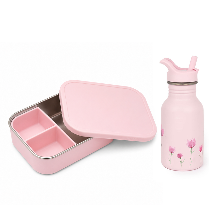JBØRN Personalised Water Bottle & Lunch Box Set Lilac Bloom Lunch Box Set - New Design - Personalisable Baby Products Sold and Personalised by JustBørn