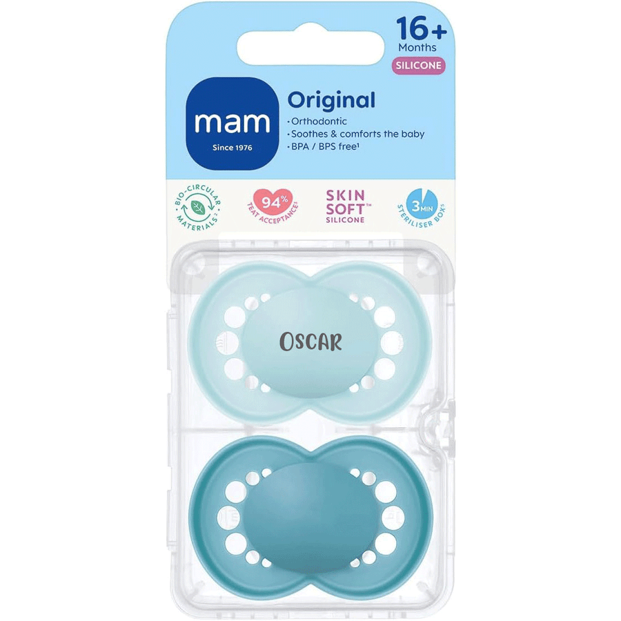 MAM Original Soother 16+ Months Teal Blue & Baby Blue Yes - Personalisable Baby Products Sold and Personalised by JustBørn