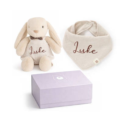 JBØRN Bunny Soft Toy & Matching Baby Bib Gift Set - Personalisable Baby Products Sold and Personalised by JustBørn