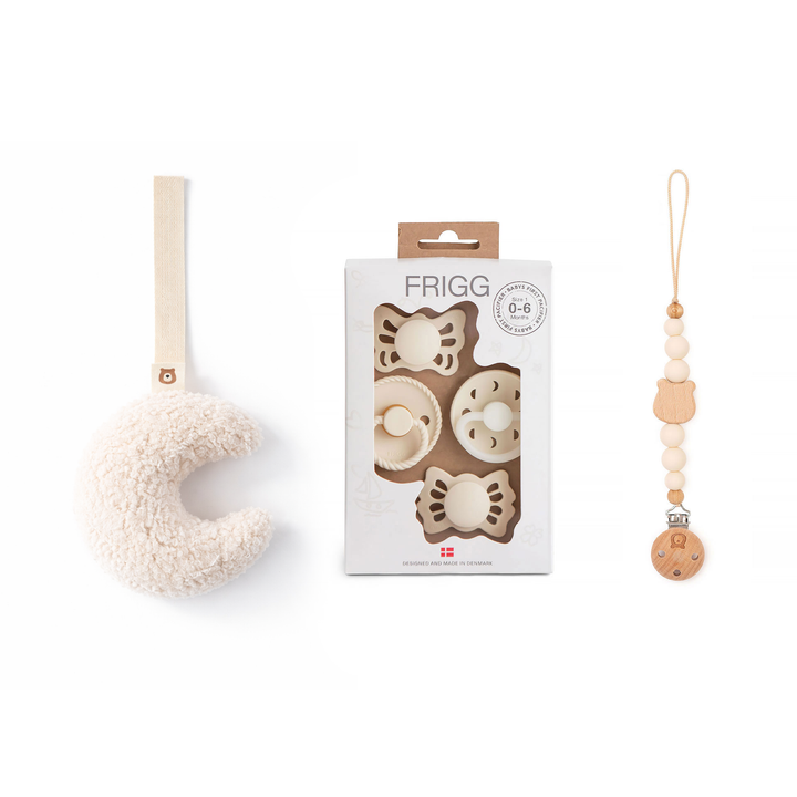 JBØRN x FRIGG Baby Gift Set | Baby's First Pacifiers Pack & Holders Set Moonlight Plush Cream Set - Personalisable Baby Products Sold and Personalised by JustBørn