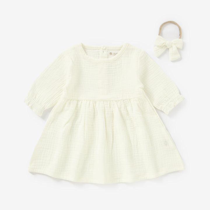 JBØRN Organic Cotton Muslin Baby Girl Dress and Bow - Personalisable Baby Products Sold and Personalised by JustBørn