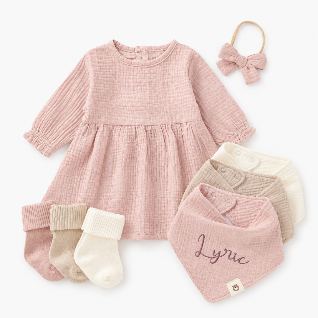 JBØRN Organic Cotton Muslin Dress & Accessories Bundle - Personalisable Baby Products Sold and Personalised by JustBørn