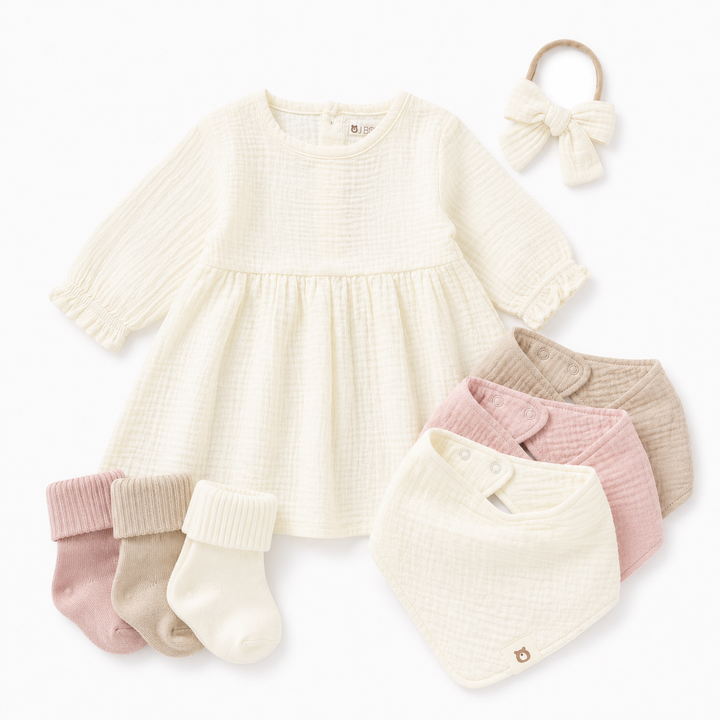 JBØRN Organic Cotton Muslin Dress & Accessories Bundle Muslin Dress Outfit Bundle | Ivory - Personalisable Baby Products Sold and Personalised by JustBørn