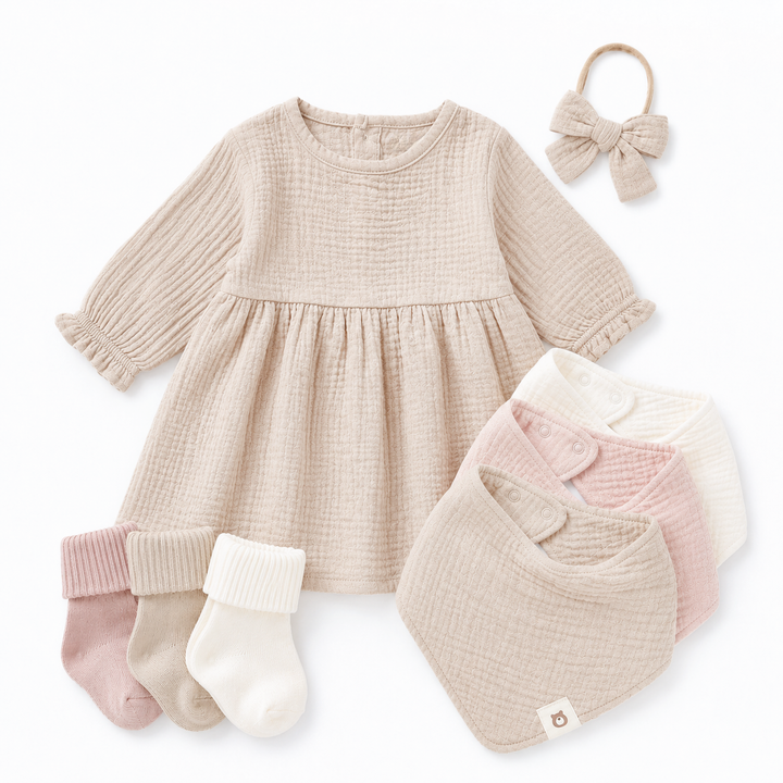 JBØRN Organic Cotton Muslin Dress & Accessories Bundle Muslin Dress Outfit Bundle| Sandstone - Personalisable Baby Products Sold and Personalised by JustBørn