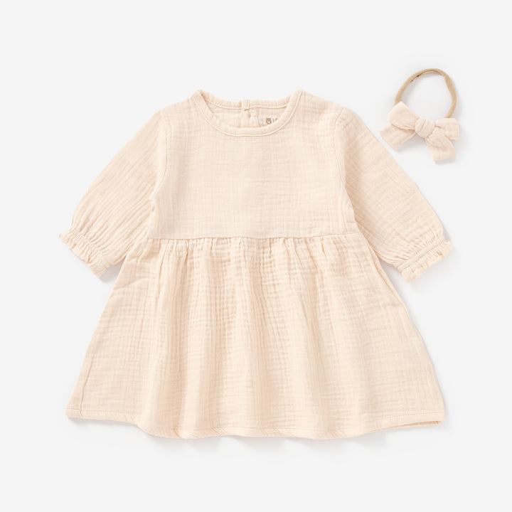 JBØRN Organic Cotton Muslin Baby Girl Dress and Bow - Personalisable Baby Products Sold and Personalised by JustBørn
