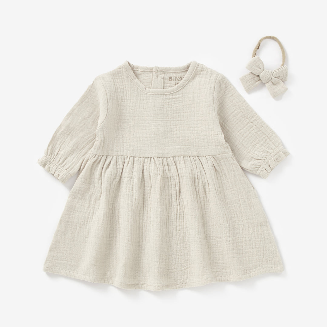 JBØRN Organic Cotton Muslin Baby Girl Dress and Bow - Personalisable Baby Products Sold and Personalised by JustBørn
