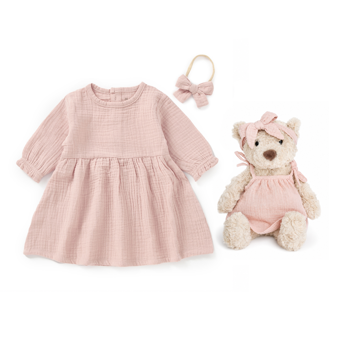 JBØRN Personalised Teddy & Matching Baby Dress | New Baby Girl Gift Set Muslin Dress & Teddy Set | Blush - Personalisable Baby Products Sold and Personalised by JustBørn