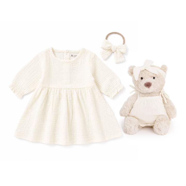JBØRN Personalised Teddy & Matching Baby Dress | New Baby Girl Gift Set Muslin Dress & Teddy Set | Ivory - Personalisable Baby Products Sold and Personalised by JustBørn