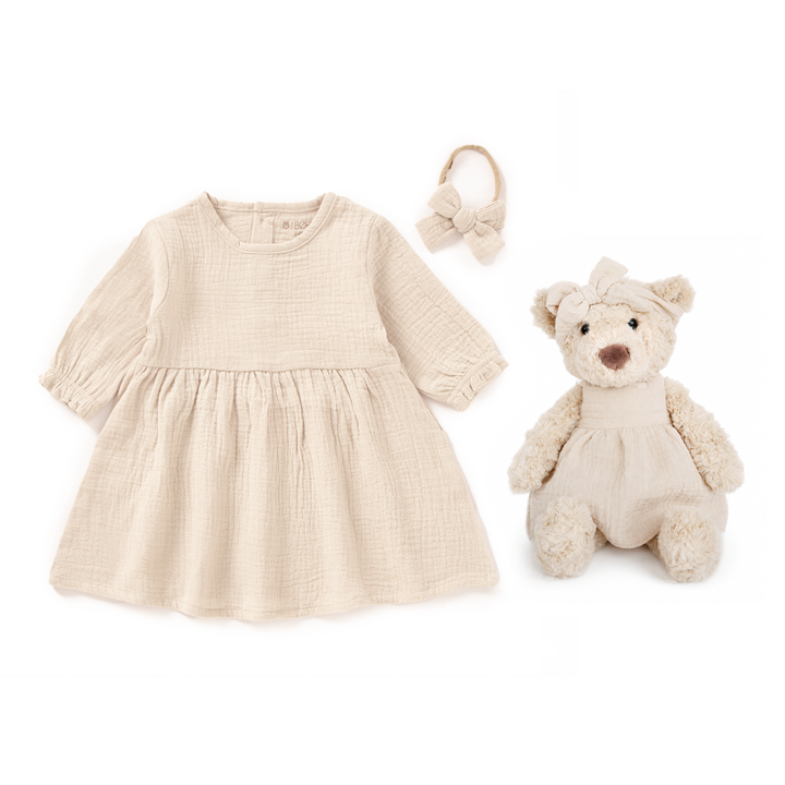 JBØRN Personalised Teddy & Matching Baby Dress | New Baby Girl Gift Set Muslin Dress & Teddy Set | Vanilla - Personalisable Baby Products Sold and Personalised by JustBørn