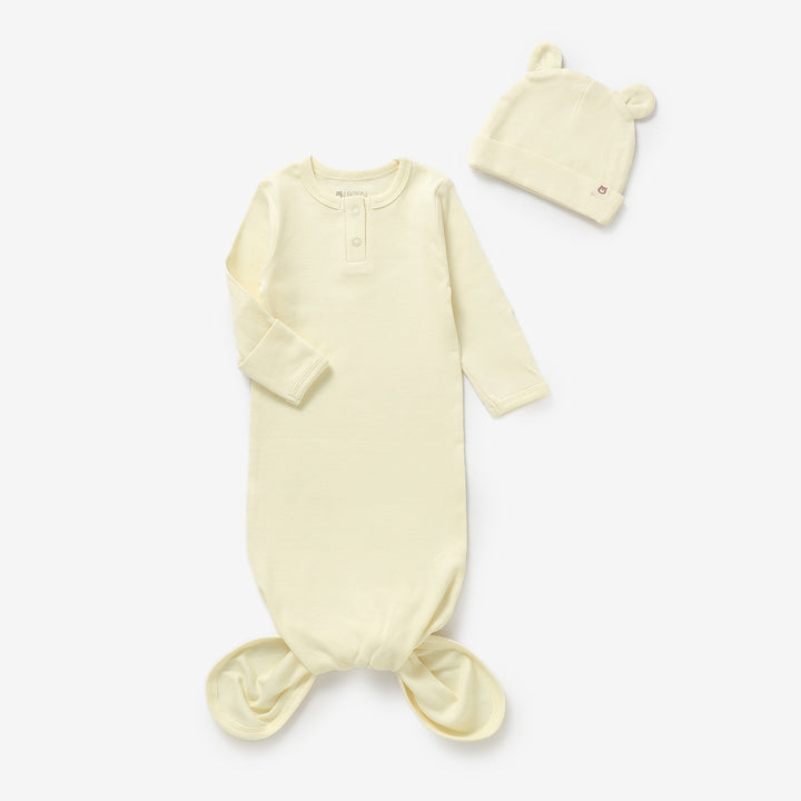 JBØRN Organic Cotton Knotted Baby Sleeping Gown & Hat Moonlit Daffodil - Personalisable Baby Products Sold and Personalised by JustBørn