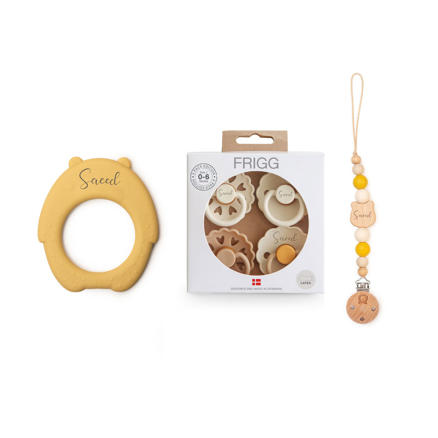 JBØRN Honey Bear Teether + FRIGG Pacifiers & Matching Clip - Personalisable Baby Products Sold and Personalised by JustBørn