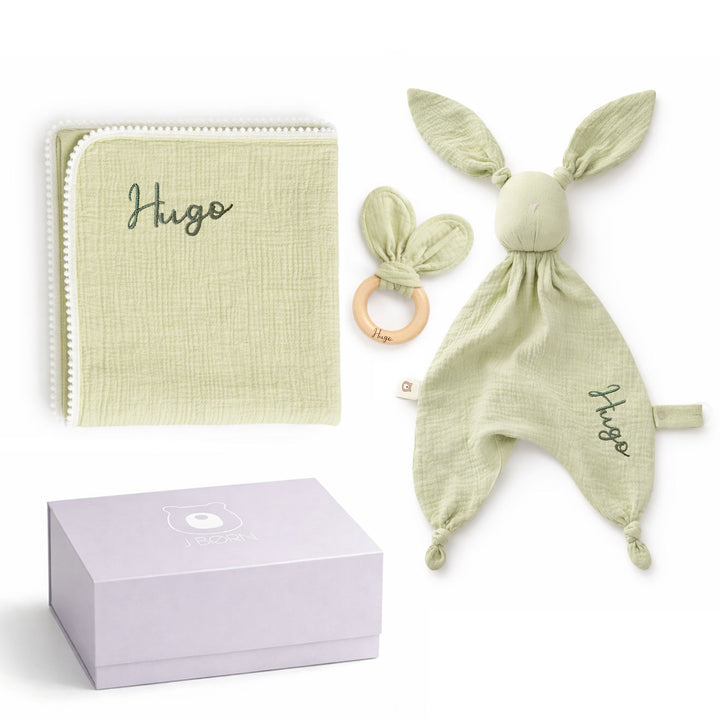 JBØRN Muslin Blanket, Comforter & Teether Set | Organic Cotton Baby Swaddle - Personalisable Baby Products Sold and Personalised by JustBørn