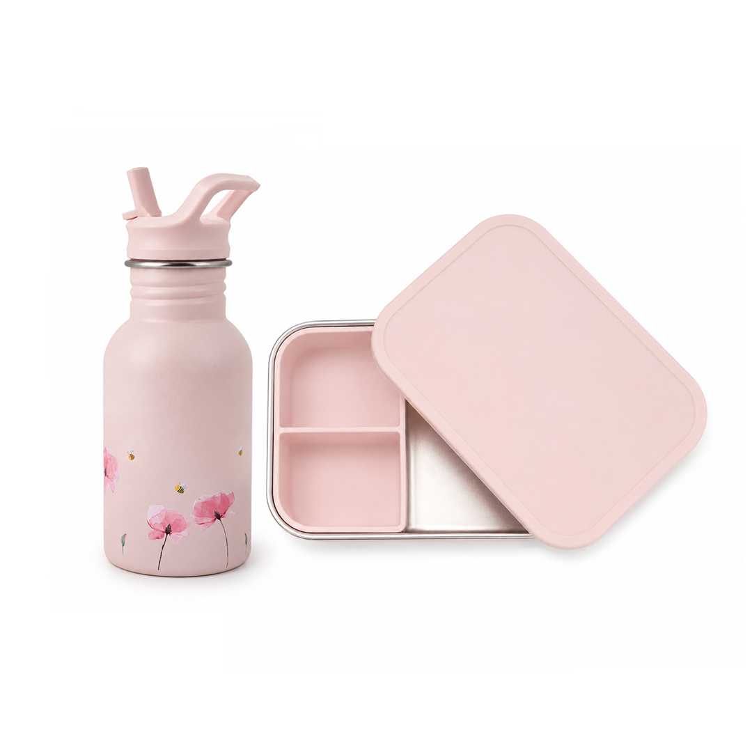 JBØRN Personalised Water Bottle & Lunch Box Set Poppy Flowers Lunch Box Set - Personalisable Baby Products Sold and Personalised by JustBørn