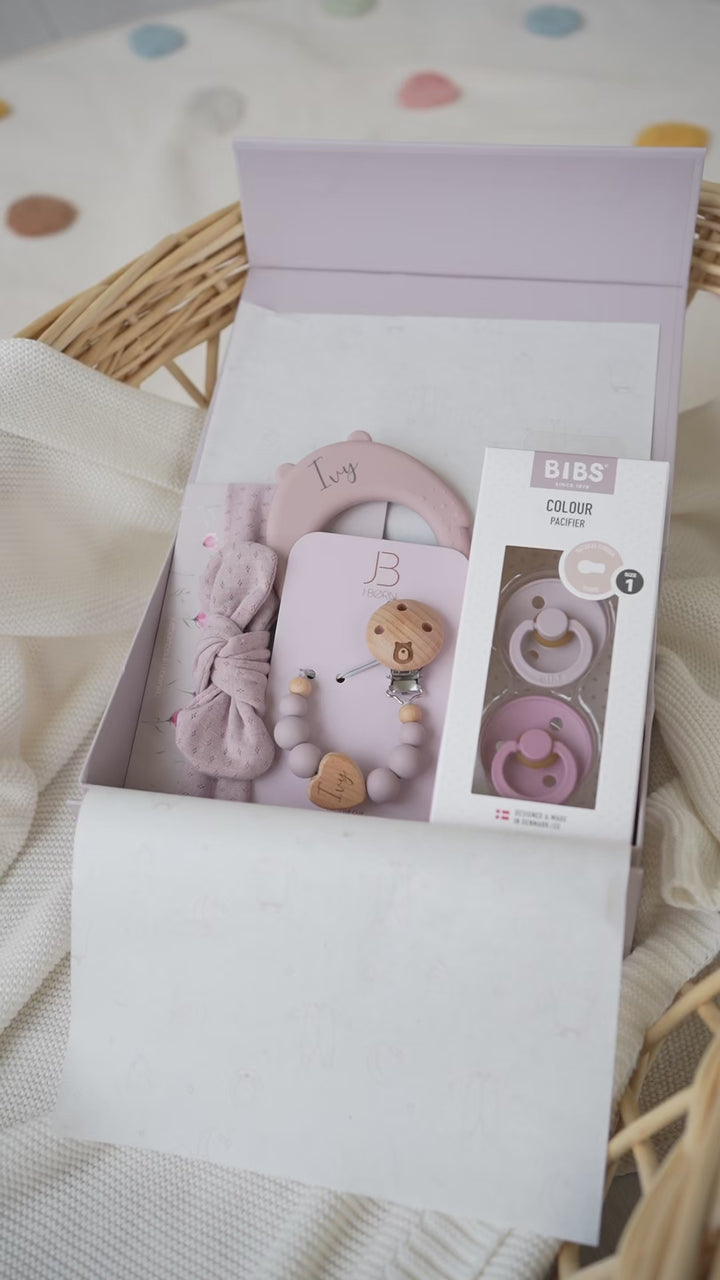 JBØRN Baby Girl Accessories Gift Set | BIBS Pacifiers & Matching Clip, Headband & Personalized teether