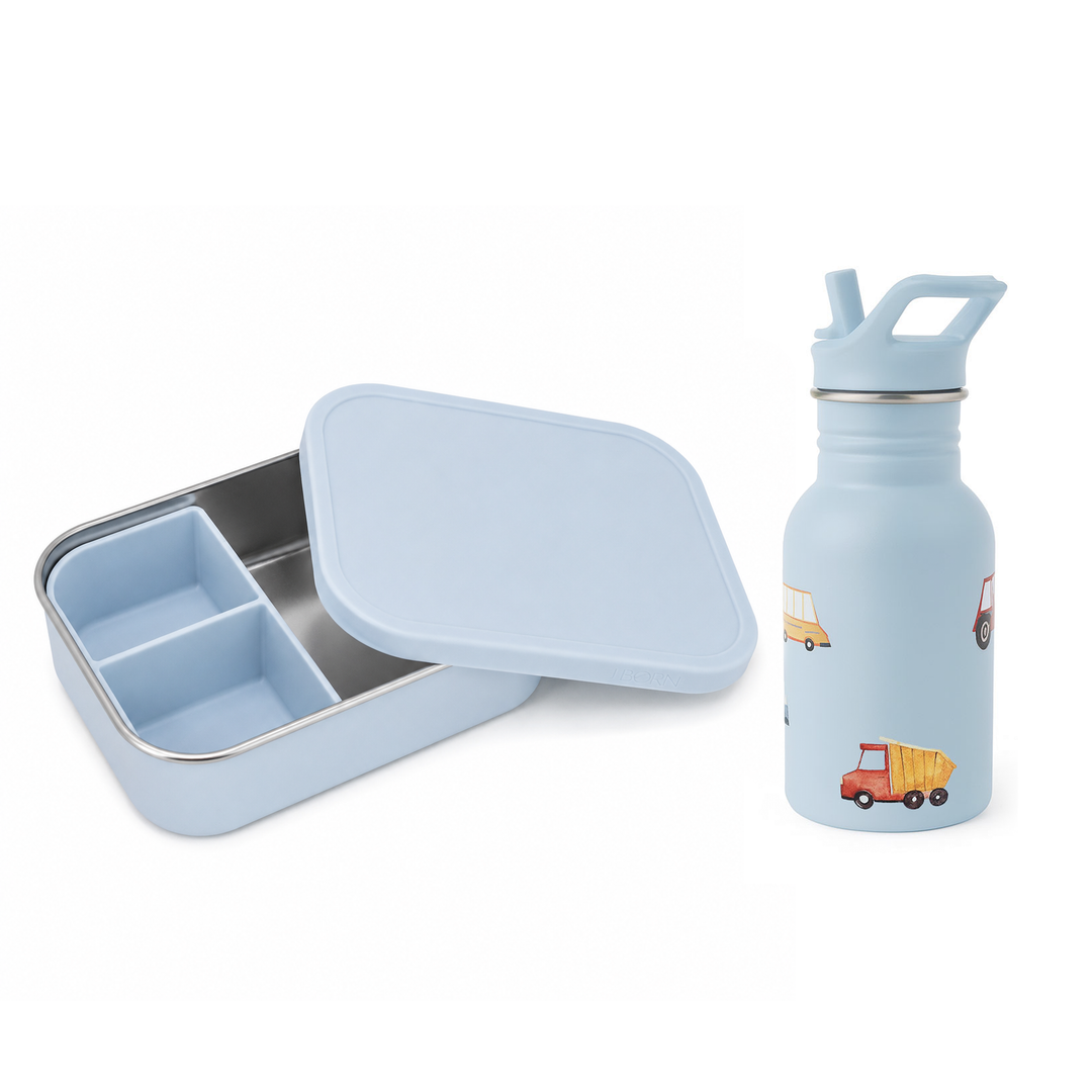 JBØRN Personalised Water Bottle & Lunch Box Set Road Trip Lunch Box Set - New Design - Personalisable Baby Products Sold and Personalised by JustBørn