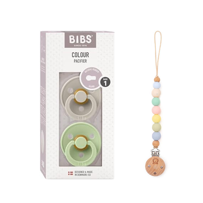 Pack of 2 BIBS Colour Latex Pacifiers & Rainbow Pacifier Clip | Size 1 & 2 Sand Pistachio & Rainbow Clip Size 1 (0-6 months) - Personalisable Baby Products Sold and Personalised by JustBørn