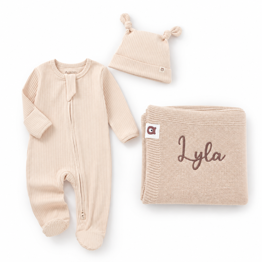 JBØRN Organic Cotton Sleepsuit & Knitted Blanket Set